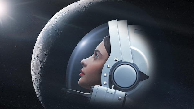 attractive girl in spacesuit on moon background elements of this image furnished by nasa