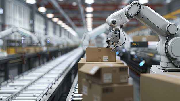 automatic robot arm in idustrial shipment warehouse with conveyor belt with catboard parcels getting ready for shipping