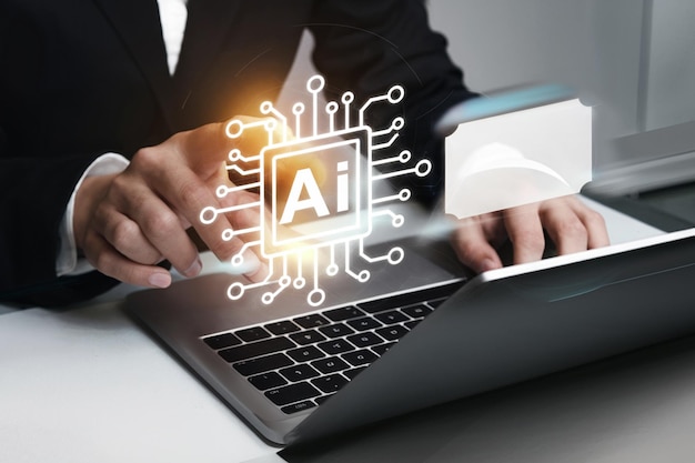 Automatic translation system concept businessman use mobile smartphone with virtual robot for artif