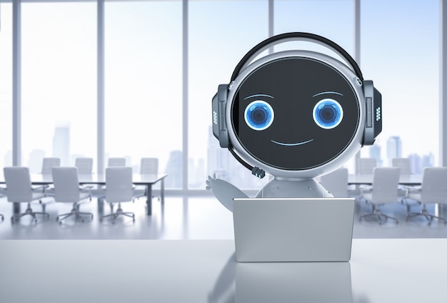 automation customer service concept with robot working with headset and notebook
