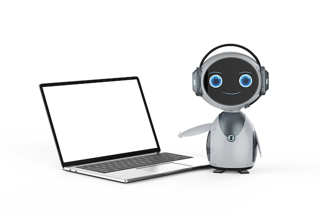 automation customer service concept with robot working with notebook