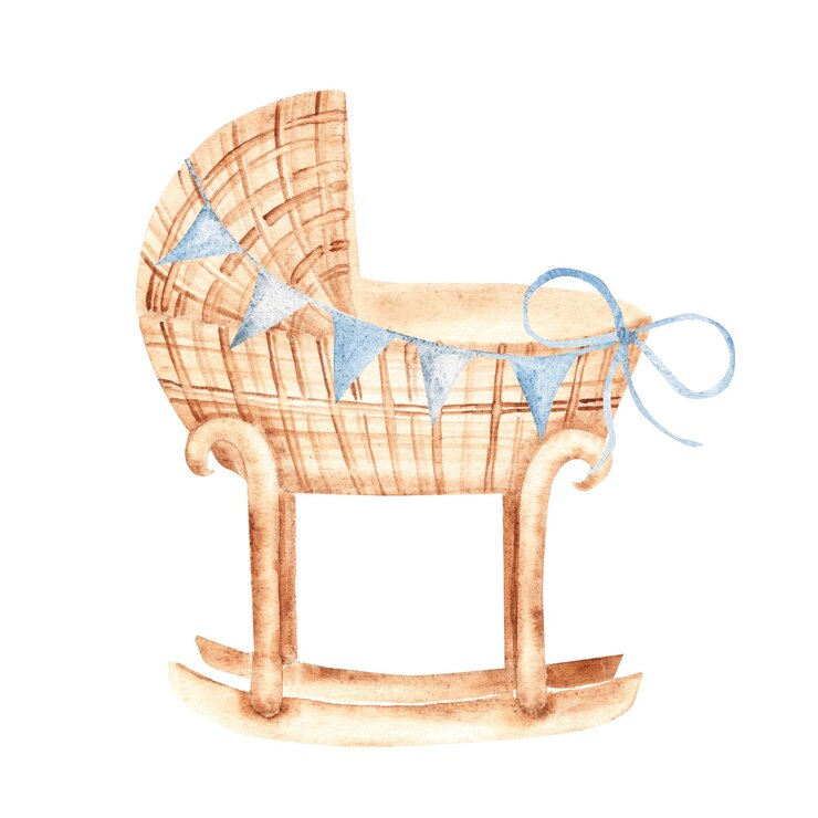 Fotografie baby boy cradle from rattan with bunting party blue flags garland in vintage style isolated on a