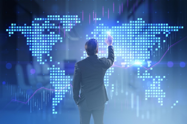 Back view of young european businessman using glowing digital pixel squares map of the world with spotlights on blurry toned office interior background Global business concept Double exposure