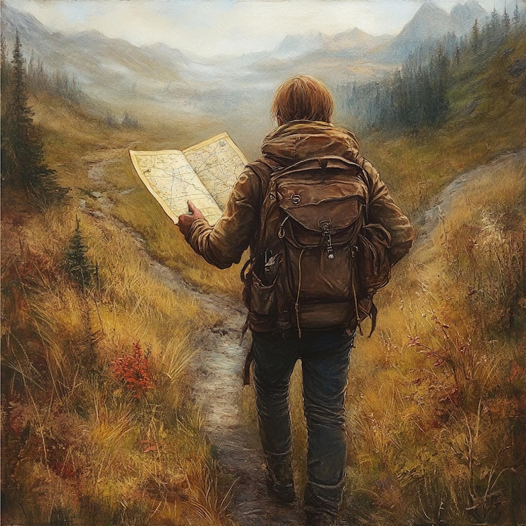 Fotografie backpacker navigating a trail with a map and compass in hand