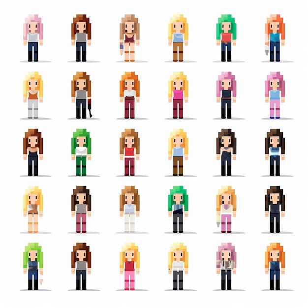 Barbie Pixel Art Player Avatar Sprite Sheet Minimalistic and Isolated on White Background