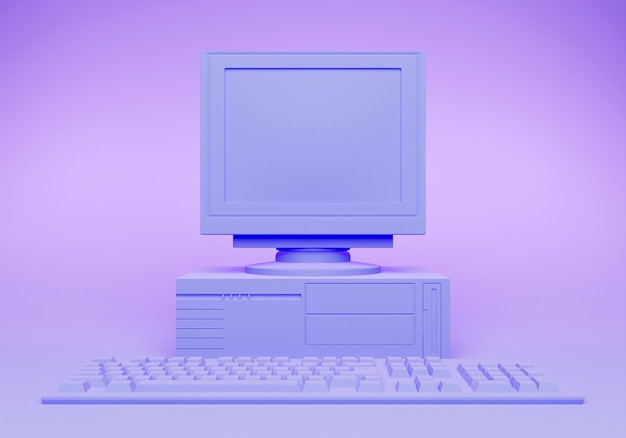 Barevný retro počítač s klávesnicí. Přední pohled. 3D rendering