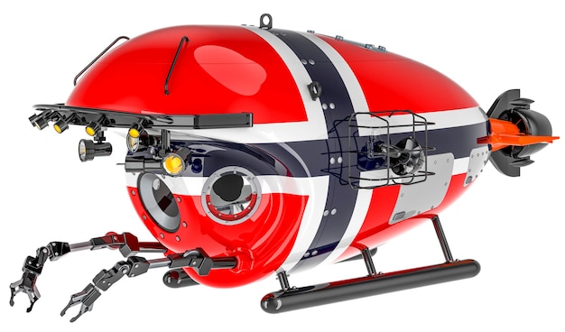 Bathyscaphe with Norwegian flag Marine geology oceanography in Norway 3D rendering isolated on white background