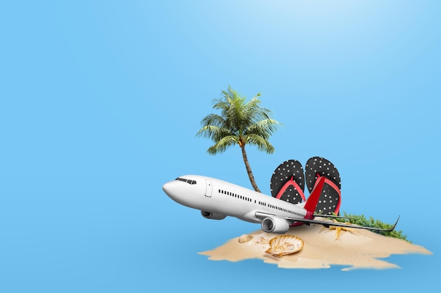 beach and flying airplane on a colored background ready for traveling
