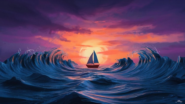 Beautiful background shade from purple to orange brush waves by Generative AI image