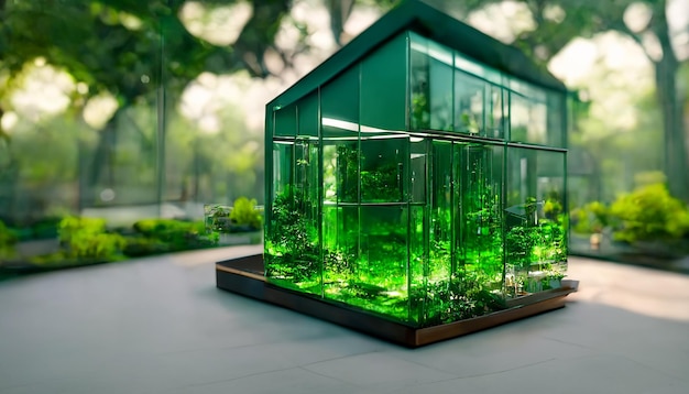 beautiful green glass house with natural garden and tree