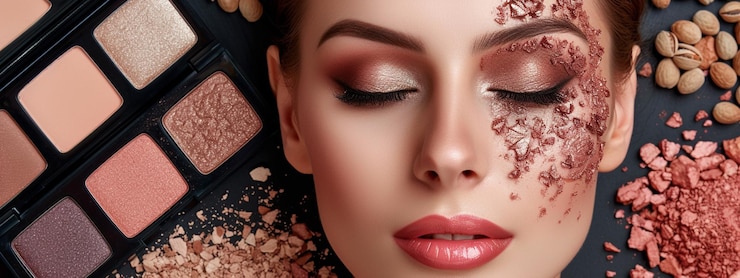 Fotografie beautiful woman face professional makeup makeup in progress