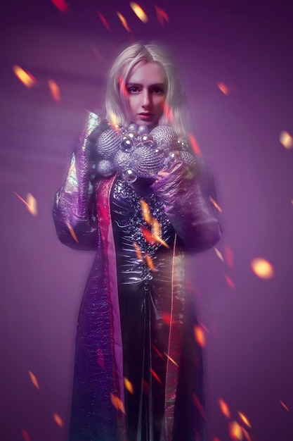 beautiful woman in fashion look with purple background