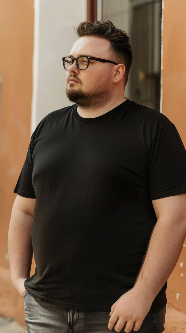 Big size fat adult man model in Blank black T Shirt for design mockup