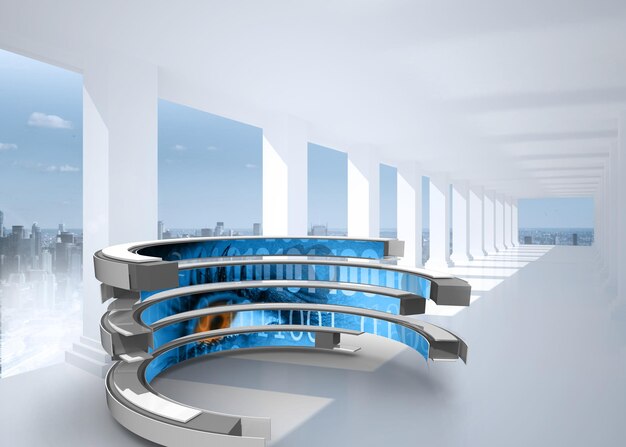Binary code on abstract screen against bright white hall with columns