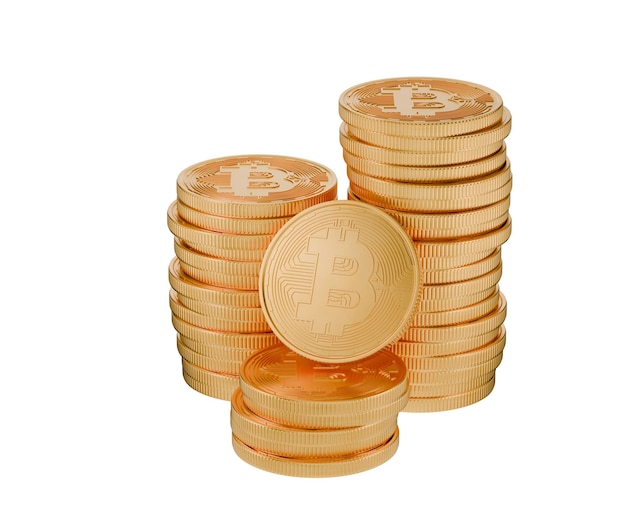 bitcoin cryptocurrency concept btc trading on the cryptocurrency exchange several stacks of bitcoin coins isolated on a white background on a transparent background 3d render