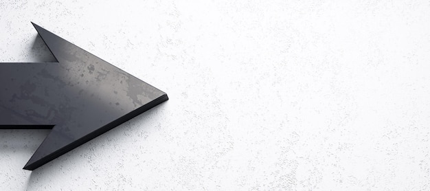 Black arrow pointing left on a white textured wall background 3D Rendering