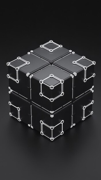 Black blockchn cube or circuit cube with polygons and nodes on black background