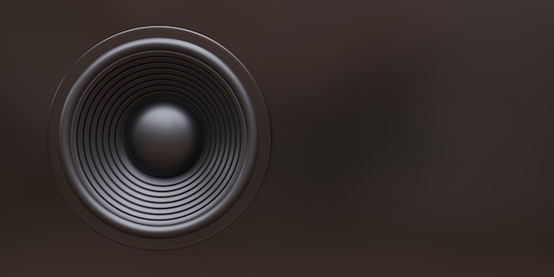 black loudspeaker on empty black background round speaker stereo sound ad template copy space