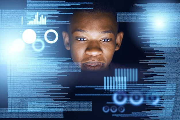 Black man data and analytics with hologram for future development statistics or dashboard Young African male person or analyst with graph chart or digital information with futuristic technology