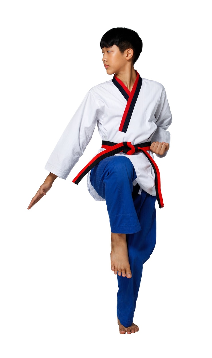 Fotografie black red belt taekwondo karate kid athlete teenager show traditional fighting poses poomsae in sport uniform dress, 15 years old boy, studio lighting white background isolated full length profile