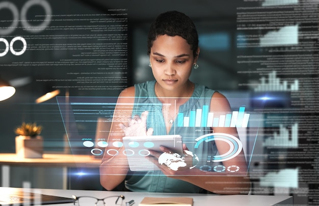 Black woman with tablet erp data overlay and innovation research and programming in future information technology Futuristic network analytics and developer for startup business website software