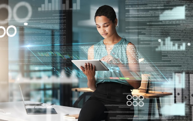 Black woman with tablet erp overlay and charts innovation in research and programming for future app technology Futuristic network analytics and developer for startup business website IT software
