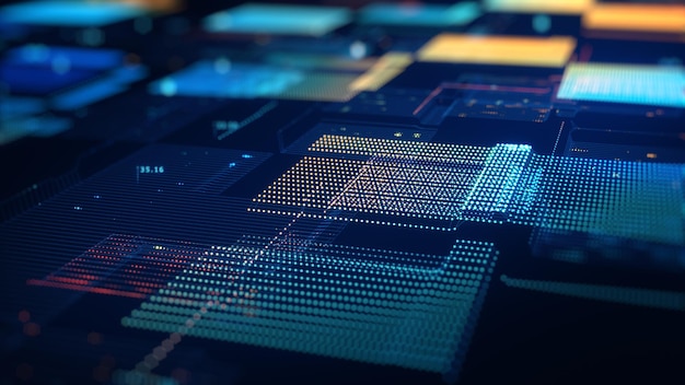 blockchain concept. big data binary code futuristic information technology, data flow. transferring of big data.  interconnected blocks of data depicting a cryptocurrency blockchain. 3d rendering.