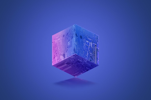 Blockchain krychle nebo blok s texturami elektronické desky na modrofialovém pozadí