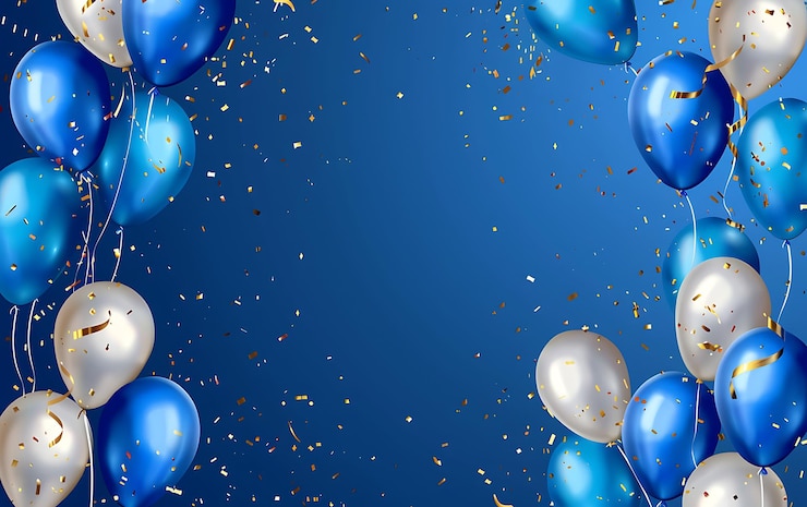 Fotografie blue and white balloons with confetti on blue background