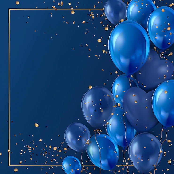Fotografie blue and white balloons with confetti on blue background