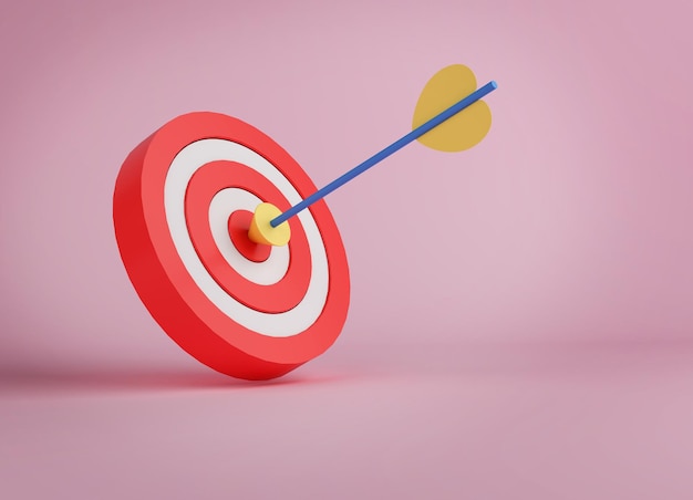Blue arrow hit to center of dartboard Arrow on bullseye in target Business success investment goal opportunity challenge aim strategy achievement focus concept 3d render