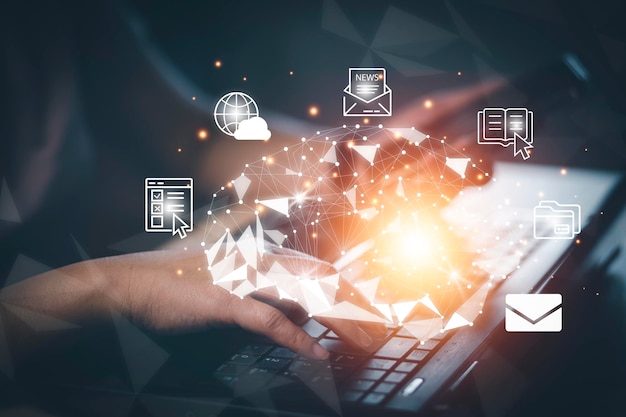 brain ai with icon business conceptbusiness using laptop and virtual globe with financial icons future technology business goals online communication graph screen icon of media screen big data