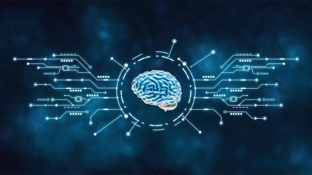 Brain with circle line and electricity network and blue electronic cycleDigital dataaiscience AI Artificial intelligence technology innovation and futuristic technology transformation background