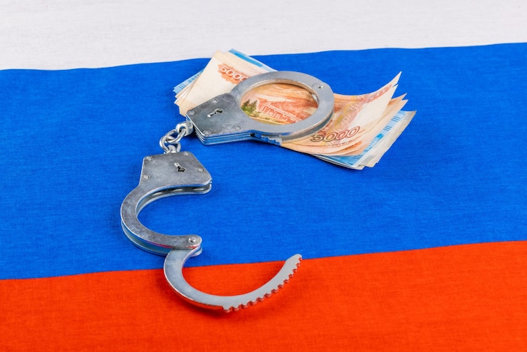 Fotografie bunch of russian paper rubles currency and bitcoin shiner chained with handcuffs on russian flag background