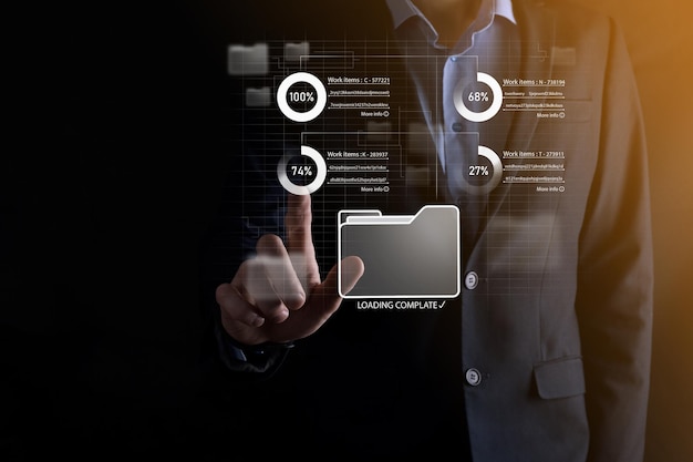 Business developer hand using board framework on virtual modern computer showing innovation Agile software development lean project management tool fast changes conceptDocument Management System DMS