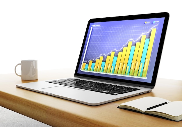 business graph on laptop desktop with cup of coffee and diary