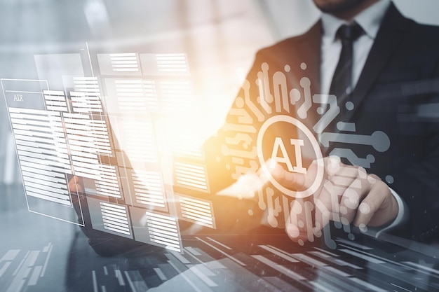 Business Man Developing Virtual Digital Web Design Using AI Technology for Coding and Data Analysis