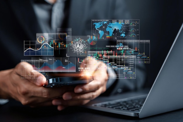 business with ai analytics smart technology analyzing information structure on machine learning data management system to make report with kpi connected to database finance internet of things iot