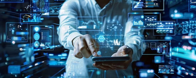 businessman analyzing marketing data on a virtual hologram display with charts graphs