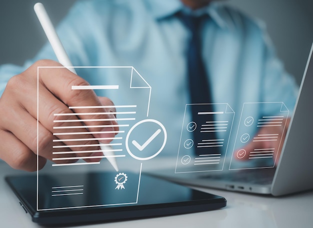 Businessman checks documents online It represents the review of business proposals and approval of project documents or business agreements