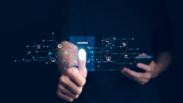 businessman fingerprint scanning and biometric authentication cybersecurity and fingerprint password future technology and cybernetics access security fingerprint scanning