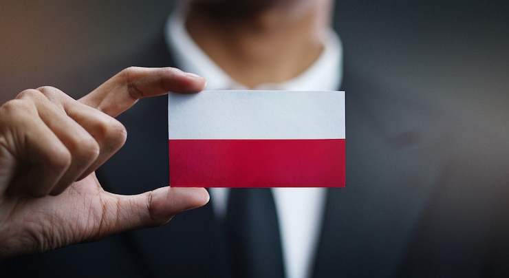 Fotografie businessman holding card poland flag
