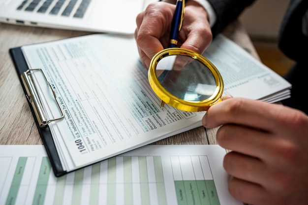 Businessman looking 1040 blank tax form using magnifying glass at office Accounting concept time for tax