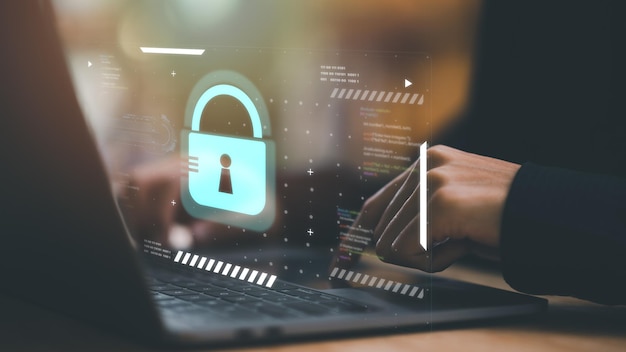 Businessman showing data access protection with key icon cyber security Protectin