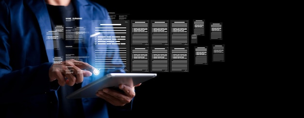 businessman take an assessment check list questionnaire evaluation filling out an online survey