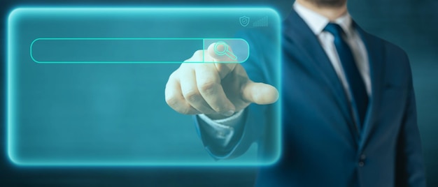 Businessman touching search button on virtual screen bar search on the internet concept
