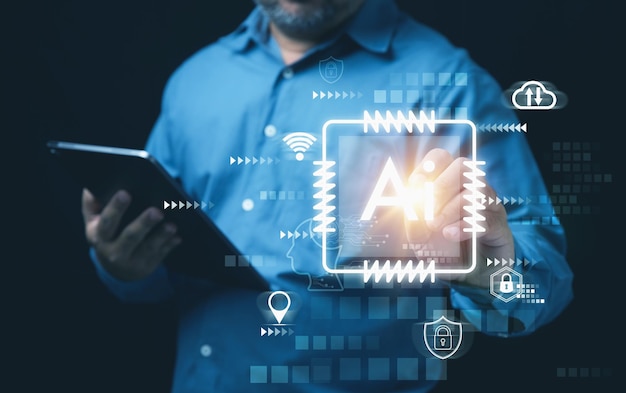 Businessman touching virtual screen on Artificial intelligence AI circuit board AI circuit board in shape electronic PCB circuit icon symbol Innovative technology machine concept