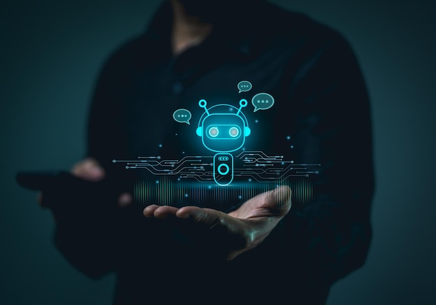 Businessman use smartphone mobile phone hand holding digital chatbot chat robot application conversation assistant AI Artificial Intelligence concept digital chatbot virtual screen Automatic AI