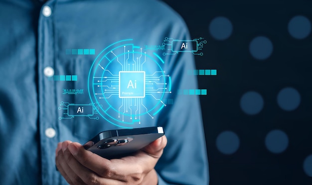Businessman using ai technology chat bot with AI Artificial Intelligence generate Futuristic technology robot in online system Business in future to invest and develop corporate concept
