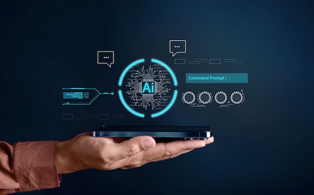 Businessman using chatbot in computer smart intelligence Ai Chat with AI Artificial Intelligence developed by OpenAI generate Futuristic technology robot in online system